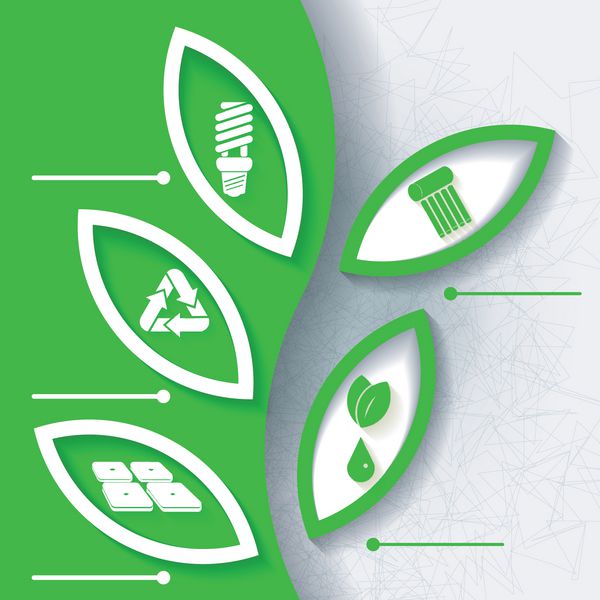 پس‌زمینه اینفوگرافیک سبز با نمادهای انرژی‌های تجدیدپذیر و پنج برچسب