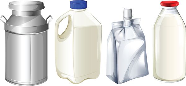 تصویر ظروف مختلف شیر در زمینه سفید