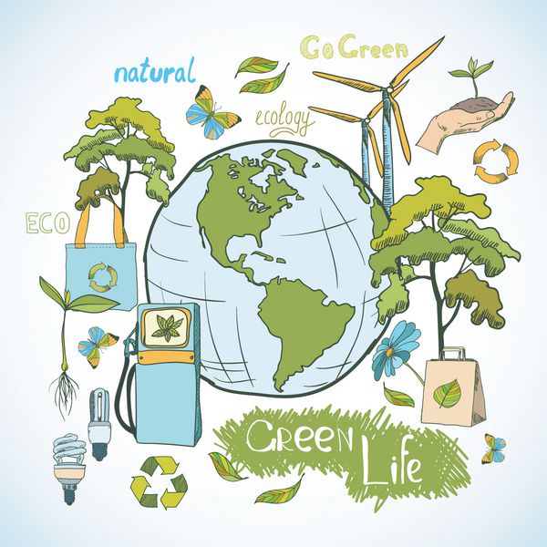 مفهوم زندگی سبز اکولوژی و محیط زیست Doodle با وکتور عناصر تزئینی