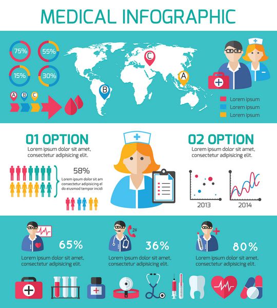 عناصر پزشکی و عناصر اینفوگرافیک کارکنان برای طراحی وب و ارائه وکتور جدا شده