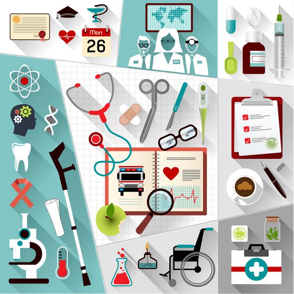 مجموعه ای از نمادهای مفهومی طراحی تخت پزشکی برای خدمات وب و تلفن همراه