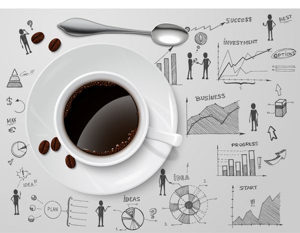 وکتور وکتور پوستر طرح ایده سرمایه گذاری ایده پیشرفت کسب و کار و فنجان قهوه