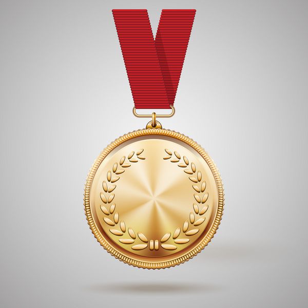 وکتور مدال طلا روی روبان قرمز با جزئیات برجسته تاج گل لورل و انعکاس مفهومی جایزه برای پیروزی برنده جایزه اول یا کیفیت در زمینه خاکستری