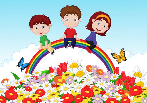 بچه های شادی که روی رنگین کمان روی پس زمینه گل نشسته اند
