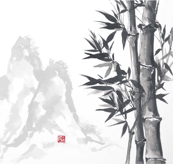 درختان بامبو و کوه‌های بلند با جوهر به سبک سنتی ژاپنی سومی ای وکتور