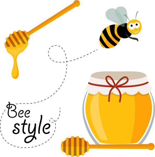 مجموعه ای از گرافیک های مرتبط با عسل متشکل از زنبور عسل قاشق عسل و عسل در شیشه