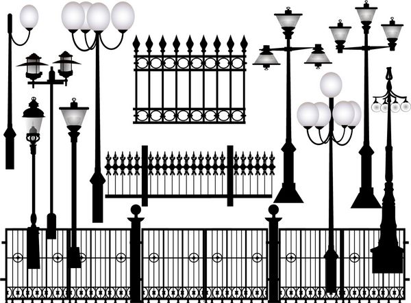 تصویر با مجموعه لامپ ها و نرده های خیابانی جدا شده در پس زمینه سفید