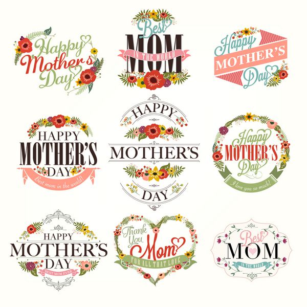 مجموعه ای از عناصر طراحی تبریک زیبا برای روز مادر با گل
