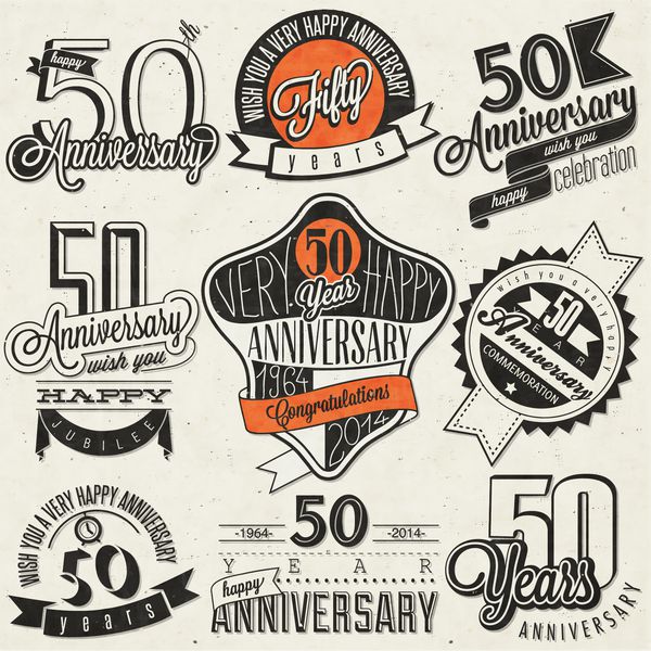 مجموعه 50 سالگرد به سبک وینتیج طراحی پنجاه ساله در سبک رترو برچسب های قدیمی برای تبریک سالگرد نمادهای تایپوگرافی و خوشنویسی به سبک حروف دستی برای 50 سالگرد