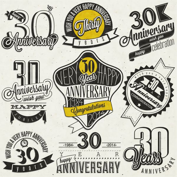 مجموعه 30 سالگرد به سبک وینتیج طراحی سی سالگرد در سبک رترو برچسب های قدیمی برای تبریک سالگرد نمادهای تایپوگرافی و خوشنویسی به سبک حروف دستی برای 30 سالگرد
