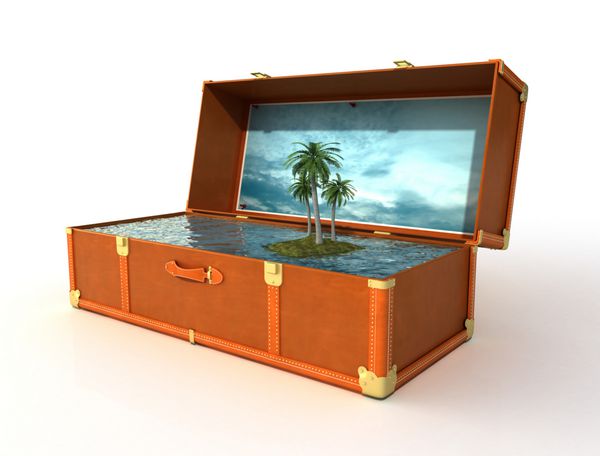 مفهوم تعطیلات چمدان چرمی سفر با منظره گرمسیری فوق العاده - بافت آسمان عکس من است