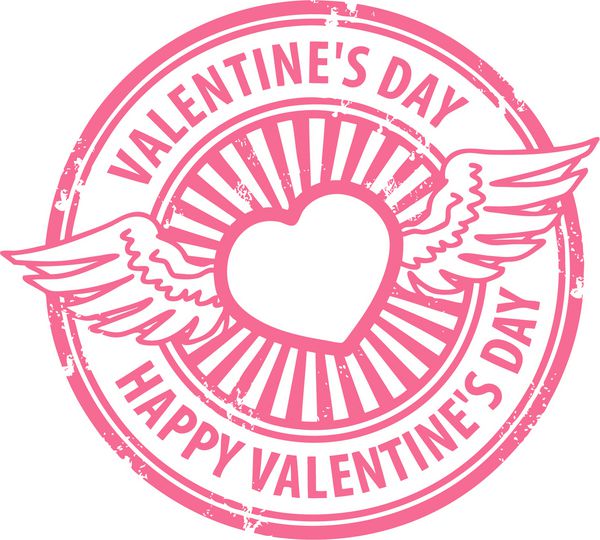 تمبر لاستیکی گرانج با قلب بال و متن نوشته شده روز ولنتاین مبارک در داخل وکتور