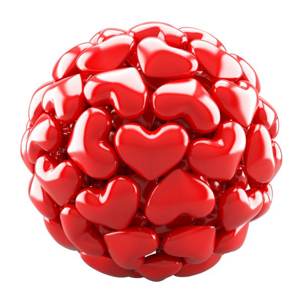 توپ از قلب های قرمز جدا شده روی سفید
