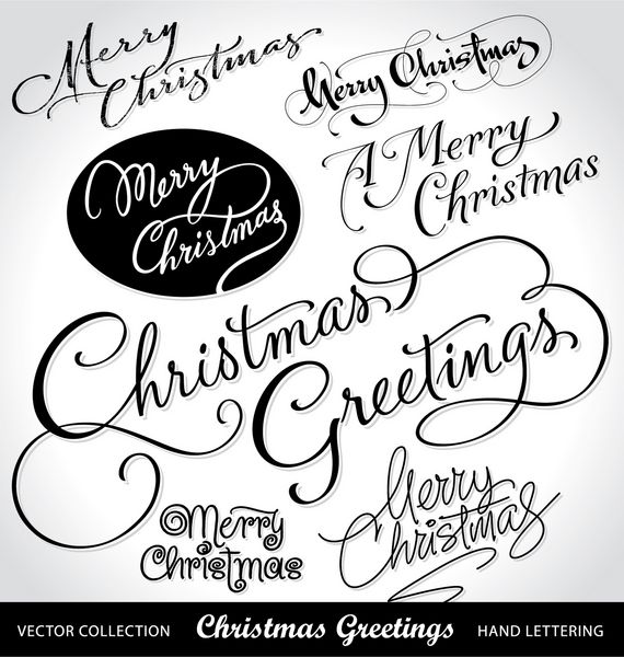 مجموعه 7 پیام تبریک کریسمس با حروف دستی - خوشنویسی دست ساز وکتور 