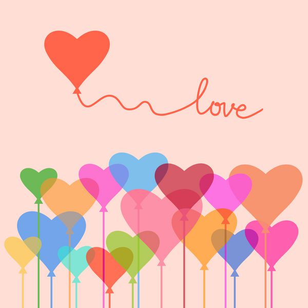 کارت تبریک روز ولنتاین با بادکنک هایی از قلب های چند رنگ و متن - عشق تصویر عاشقانه در وکتور پس زمینه مفهوم انتزاعی