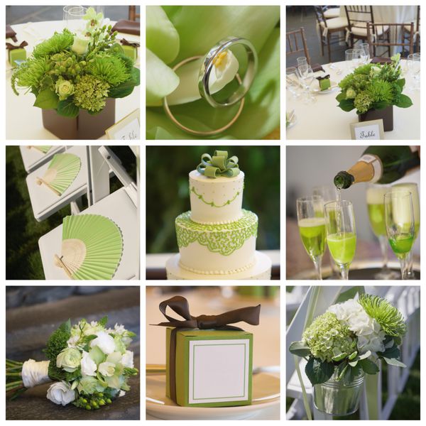 مجموعه کلاژ جزئیات عروسی سبز از مراسم و پذیرایی