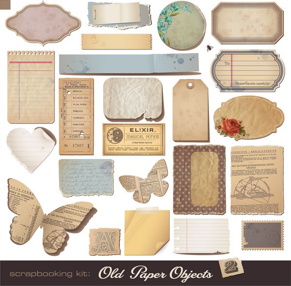 اشیاء کاغذی قدیمی 2 - انواع ضایعات برای طرح‌بندی‌ها یا پروژه‌های دفترچه‌ای