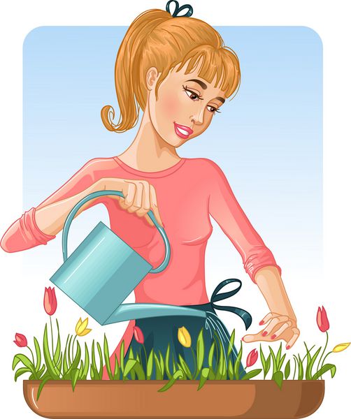 زنی که با قوطی گل هایش را آبیاری می کند