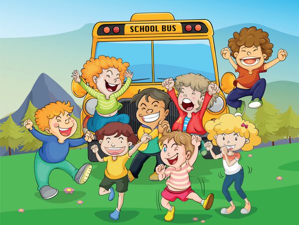 تصویر بچه ها و اتوبوس مدرسه در طبیعت