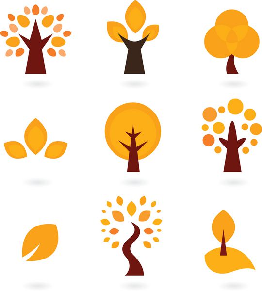 نمادهای درختان پاییزی جدا شده روی سفید نارنجی