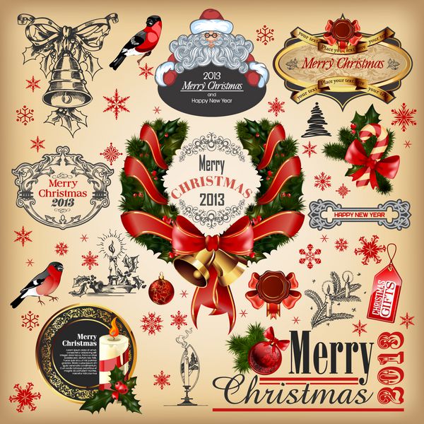 مجموعه کریسمس از عناصر خوشنویسی و تایپوگرافی با قاب برچسب های قدیمی روبان برچسب بابا نوئل پرندگان و توپ مجموعه ای برای طراحی