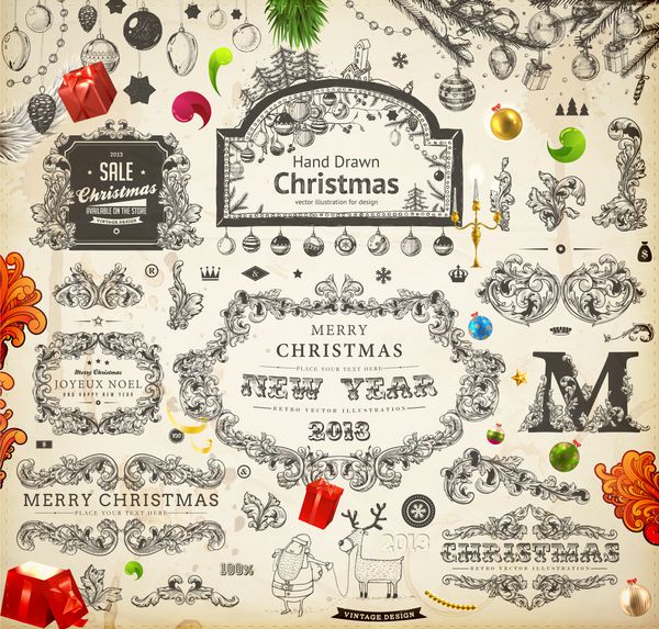 مجموعه دکوراسیون کریسمس مجموعه ای از عناصر خوشنویسی و تایپوگرافی قاب ها برچسب های قدیمی روبان برچسب بابانوئل و گوزن هدایایی روی شاخه های درخت خز با توپ - همه برای طراحی