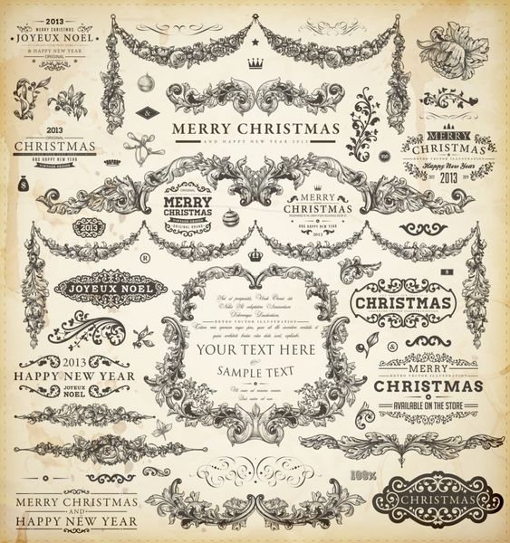 مجموعه دکوراسیون کریسمس مجموعه ای از عناصر خوشنویسی و تایپوگرافی قاب ها برچسب های قدیمی روبان حاشیه توت هالی و توپ های کریسمس تمام زیور آلات برای طراحی دعوت تعطیلات