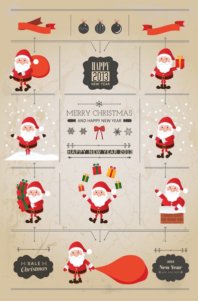 ست بابا نوئل مجموعه دکوراسیون کریسمس مجموعه ای از عناصر خوشنویسی و تایپوگرافی قاب ها برچسب های قدیمی روبان برچسب بابا نوئل - همه برای طراحی