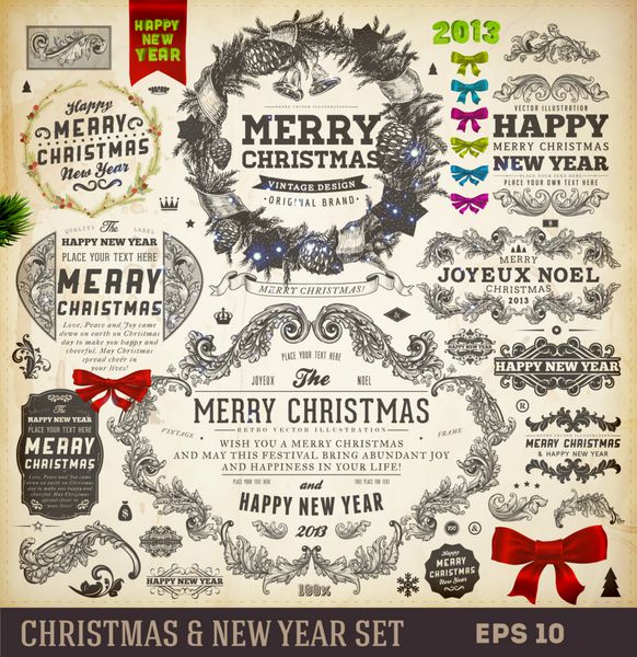 مجموعه دکوراسیون کریسمس مجموعه ای از عناصر خوشنویسی و تایپوگرافی قاب ها برچسب های قدیمی روبان برچسب مجموعه پاپیون روبان و شاخه های خزدار - همه برای طراحی کریسمس و سال نو