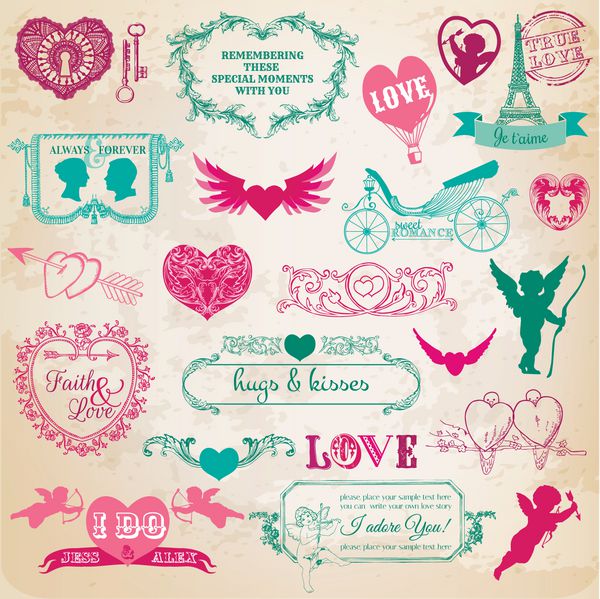 عناصر طراحی دفترچه - ست عشق روز ولنتاین - برای عروسی دعوتنامه ضایعات - به صورت وکتور