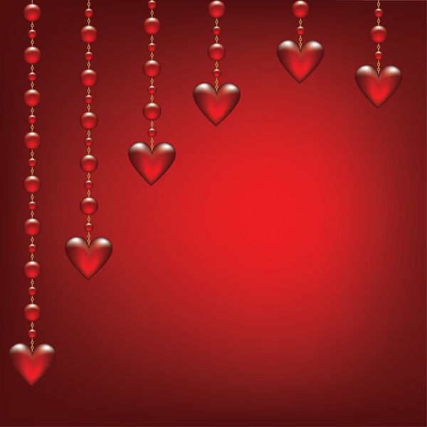 کارت روز ولنتاین با قلب شفاف آویزان شده روی پس‌زمینه قرمز