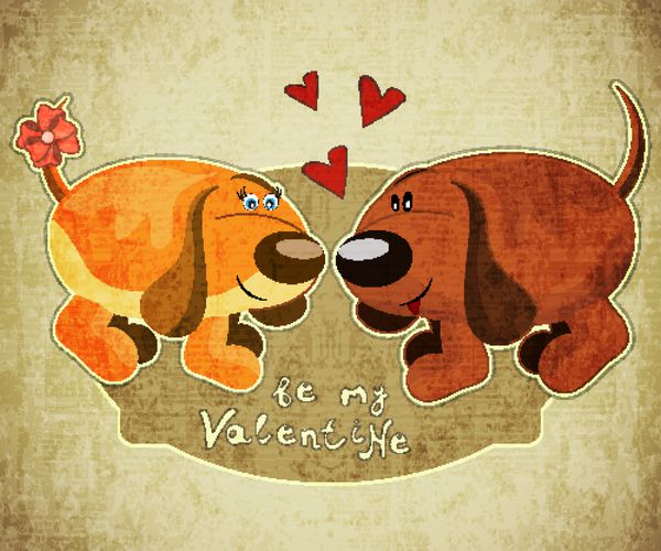 کارت روز ولنتاین با سگ های کارتونی و حروف دستی به سبک رترو - وکتور