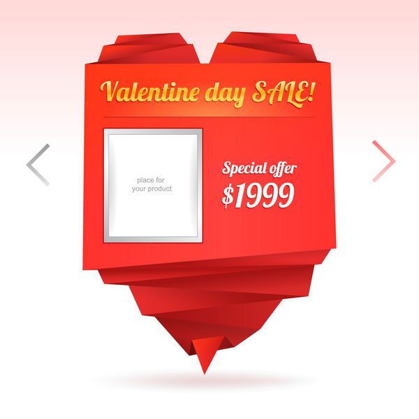 قالب برای فروشگاه آنلاین با قلب کاغذی اوریگامی با جای عکس و پیام فروش روز ولنتاین