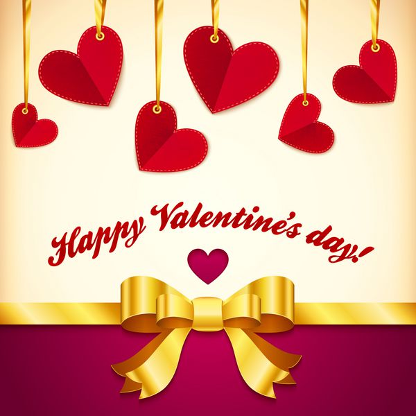 وکتور کارت تبریک روز ولنتاین با قلب های پارچه ای روی روبان پاپیون طلایی و علامت
