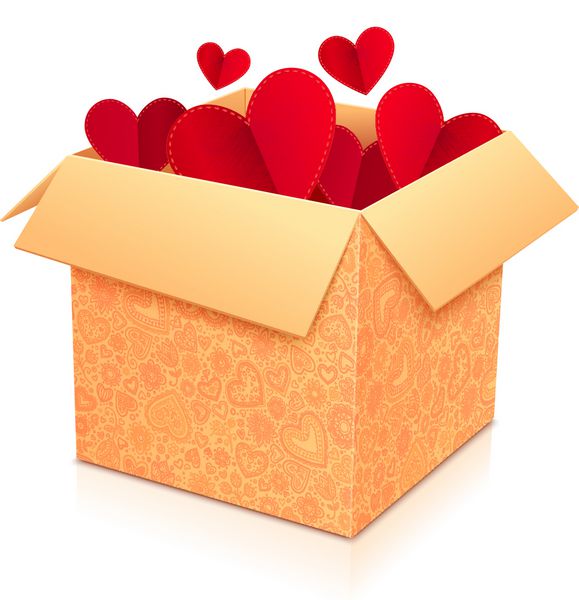 جعبه کاغذی پرآذین با قلب های قرمز در داخل