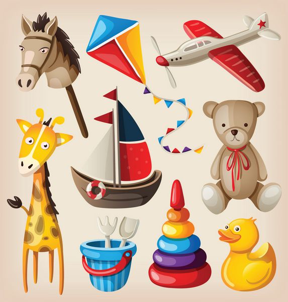 مجموعه ای از اسباب بازی های رنگارنگ کلاسیک برای کودکان