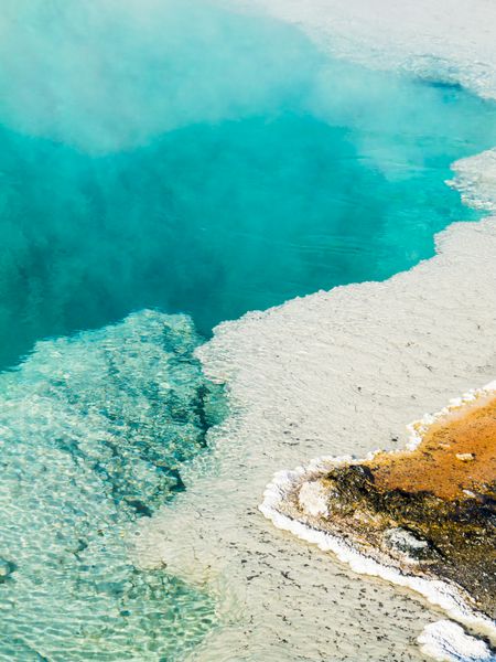 بخار از یک حوضچه چشمه آب گرم آبی عمیق در حوضه آبفشان وست تامب در پارک ملی یلوستون وایومینگ ایالات متحده بلند می شود