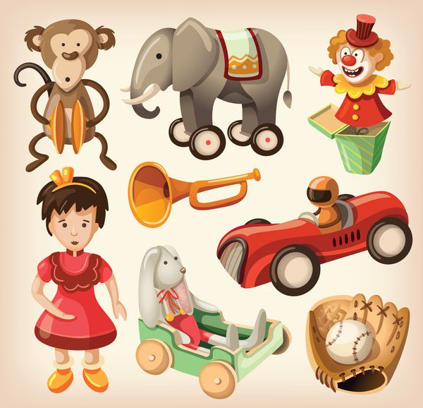 مجموعه ای از اسباب بازی های رنگارنگ کلاسیک برای کودکان