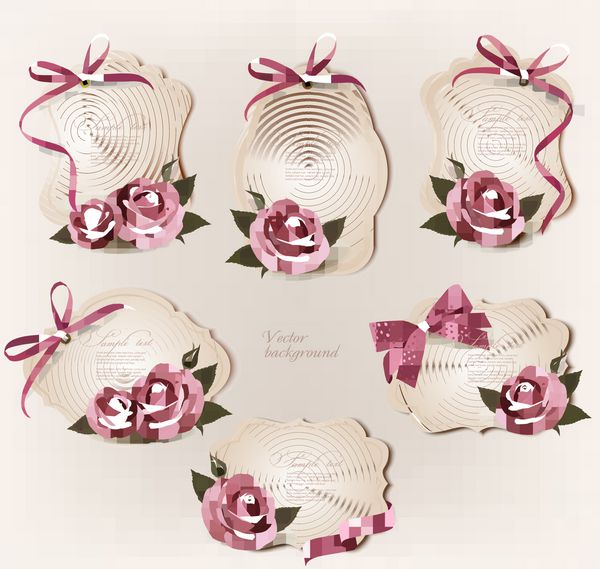 مجموعه ای از برچسب های رترو زیبا با گل رز صورتی و پاپیون هدیه وکتور