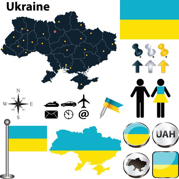 وکتور اوکراین با شکل دقیق کشور با مرزهای منطقه پرچم ها و نمادها