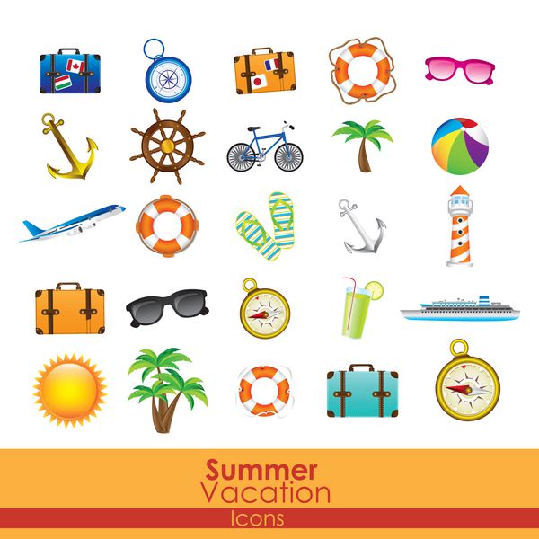 نمادهای تعطیلات تابستانی بر روی وکتور پس زمینه نارنجی