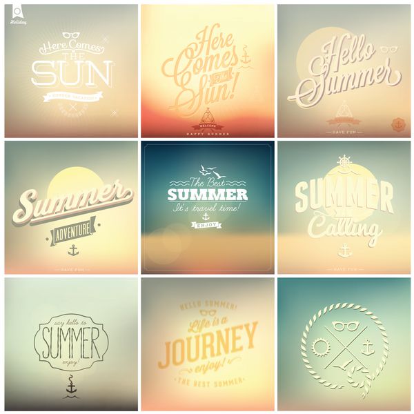 9 کارت تابستانی مدل قدیمی - مجموعه ای از عناصر خوشنویسی و تایپوگرافی قاب ها برچسب های قدیمی روبان برچسب - همه برای تعطیلات تابستانی