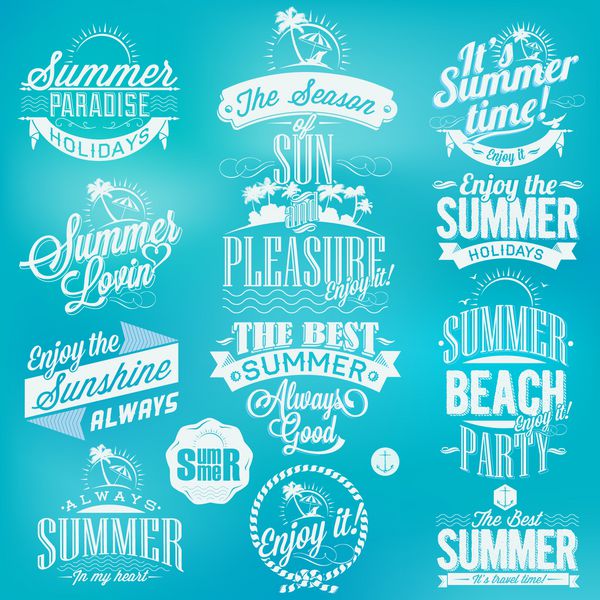 عناصر رترو برای طرح های خوشنویسی تابستانی زیور آلات قدیمی همه برای تعطیلات تابستانی بهشت استوایی دریا آفتاب تور آخر هفته تعطیلات ساحلی برچسب های ماجراجویی مجموعه وکتور