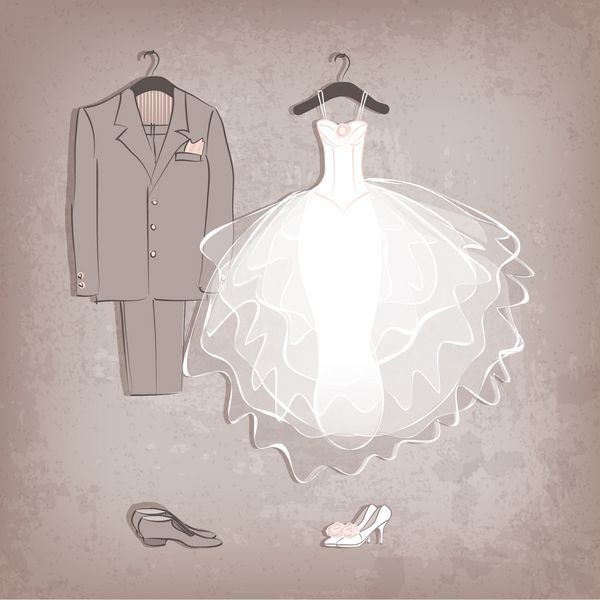لباس عروس و کت و شلوار داماد در پس زمینه گرانی - وکتور