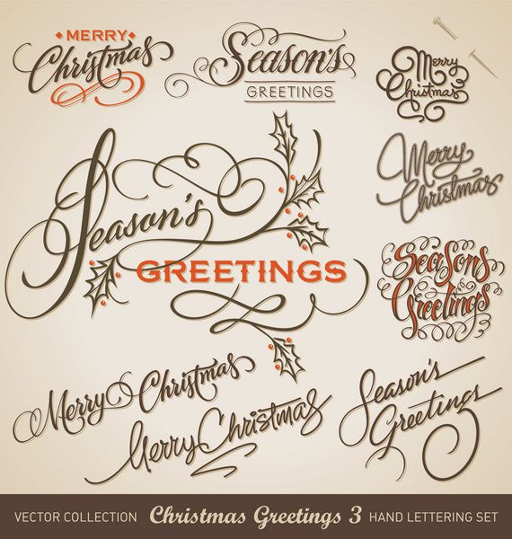 مجموعه 9 پیام تبریک کریسمس با حروف دستی -- خوشنویسی دست ساز وکتور 