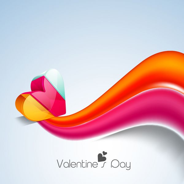 پس زمینه روز ولنتاین مبارک با قلب رنگارنگ سه بعدی با امواج رنگارنگ در پس زمینه آبی