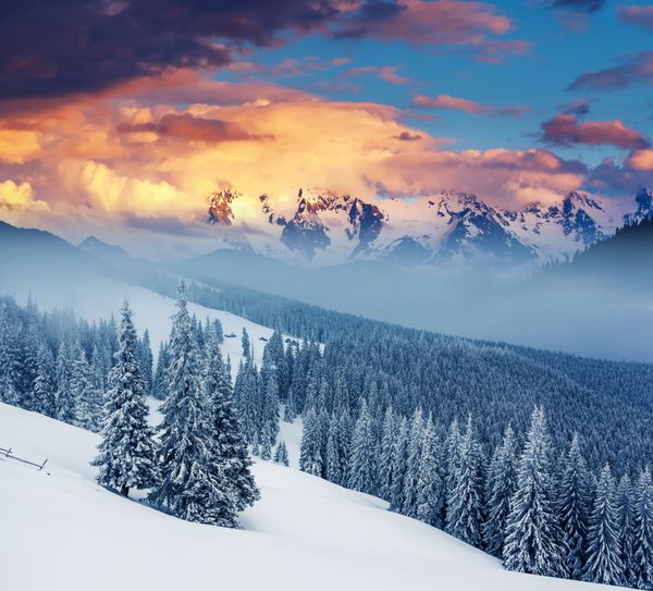 منظره زمستانی فوق العاده آسمان ابری دراماتیک کارپات اوکراین اروپا دنیای زیبایی