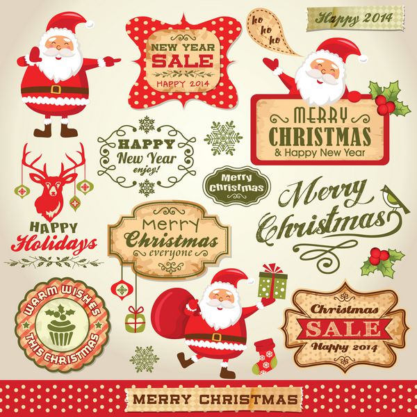 مجموعه ای از بابا نوئل ناز عناصر طراحی کریسمس با برچسب های قدیمی نمادها و تصاویر