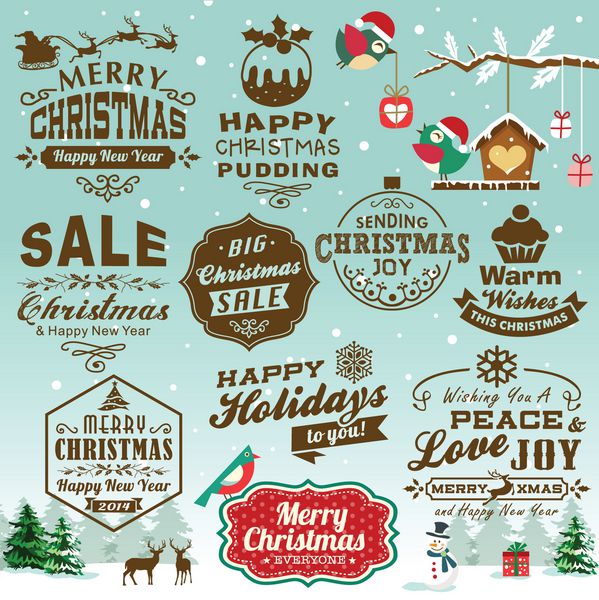 مجموعه ای از عناصر طراحی کریسمس با برچسب های قدیمی نمادها و طراحی تایپوگرافی