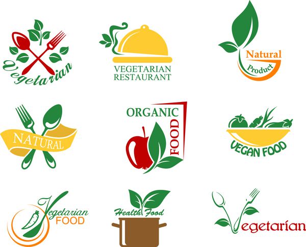 نمادهای غذای گیاهی با میوه ها و سبزیجات برای طراحی یا ایده لوگو نسخه Jpeg نیز در گالری موجود است